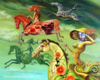 four over-dressed comic women flying through the air on demonic carousel horses