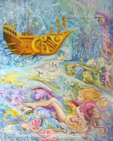 surreal figures floating in space around a threatening golden pirate ship