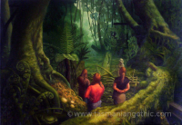 green rainforest with three women in clearing