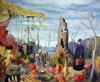 smiling elderly woman in Edwardian dress beside a broken tree and large collection of damaged garden ornaments
