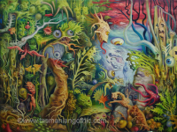 complicated arrangement of trees and figures in bright colours
