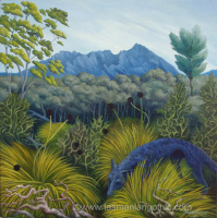 painting of buttongrass, trees and distant mountain with blue-grey thylacine