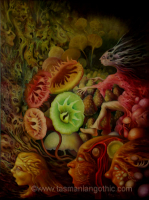 a wall of singing faces with a distorted musician playing toadstools as if they are percussion instruments