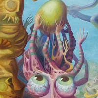 multi-limbed purple creature snatching golden egg out of the air