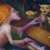 lady at the piano conducting a chorus of cats