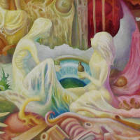 pale golden figures wandering through a surreal landscape