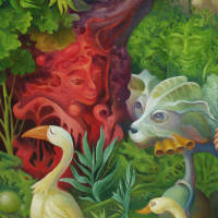 colourful bushland landscape with feather-clad egg-seller carrying basket of eggs on their back