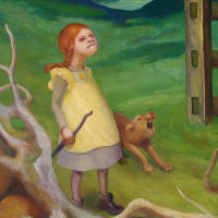 two forest dwellers confronted by a determined child in a gateway; beyond the fences a farmhouse and dead trees
