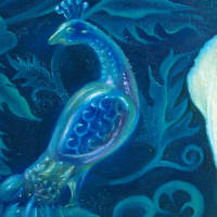 white draperies and transparent plastic peacock agains a dark blue-green background