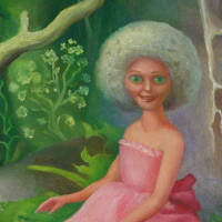 doll-like figure in pink dress riding huge golden cat