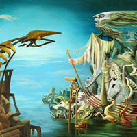 rusting skeletal animal in foreground; surreal blue-grey beasts on floating island with Noah figure