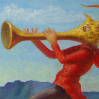figure with trumpet as face dancing in a landscape