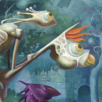Raven and Robot reaching a huge stone chicken on a tall column
