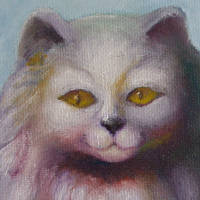 ceramic fluffy cat with ghostly snarling tiger in background